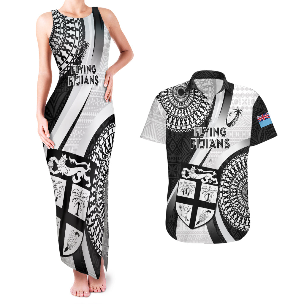 Fiji Rugby Couples Matching Tank Maxi Dress and Hawaiian Shirt World Cup 2023 Go Champions Fijian Tapa Black Version LT14 Black - Polynesian Pride