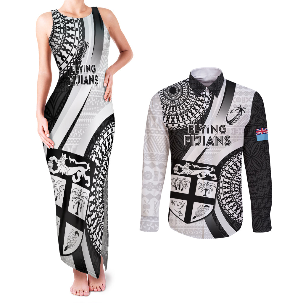 Fiji Rugby Couples Matching Tank Maxi Dress and Long Sleeve Button Shirts World Cup 2023 Go Champions Fijian Tapa Black Version LT14 Black - Polynesian Pride