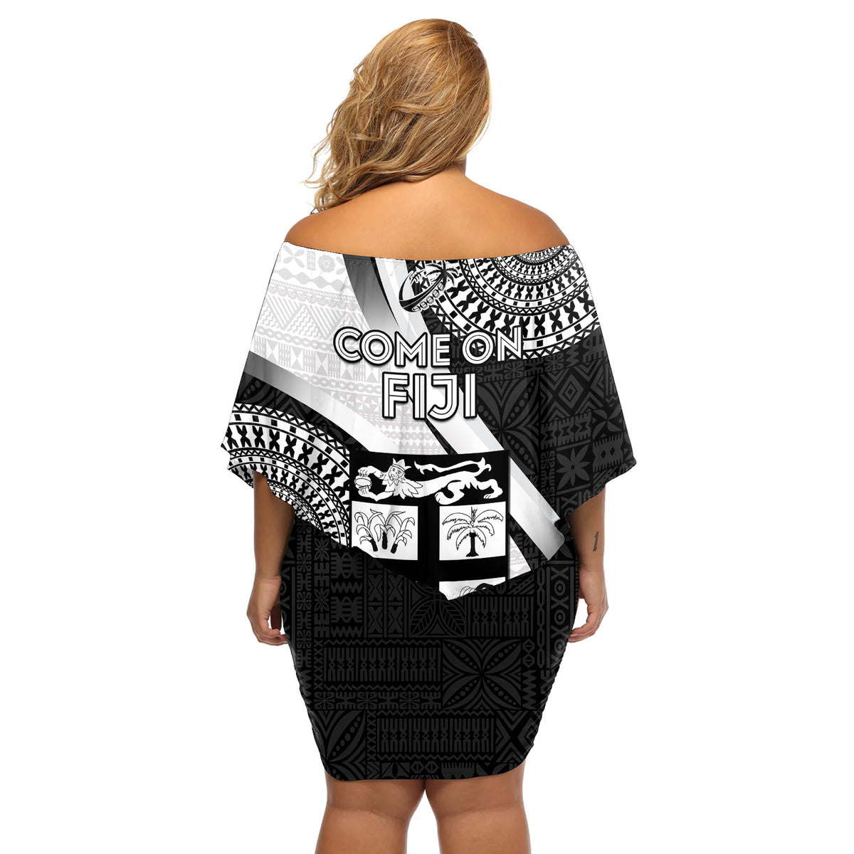 Fiji Rugby Off Shoulder Short Dress World Cup 2023 Go Champions Fijian Tapa Black Version LT14 - Polynesian Pride