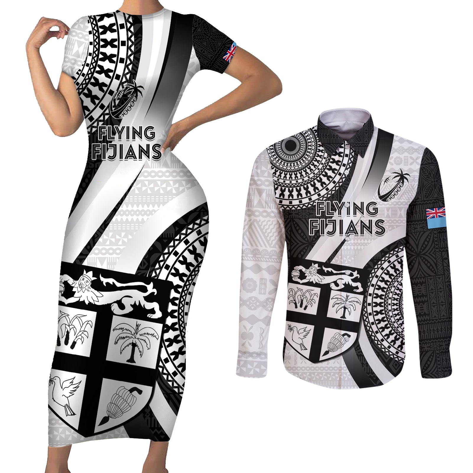 Custom Fiji Rugby Couples Matching Short Sleeve Bodycon Dress and Long Sleeve Button Shirts World Cup 2023 Go Champions Fijian Tapa Black Version LT14 Black - Polynesian Pride
