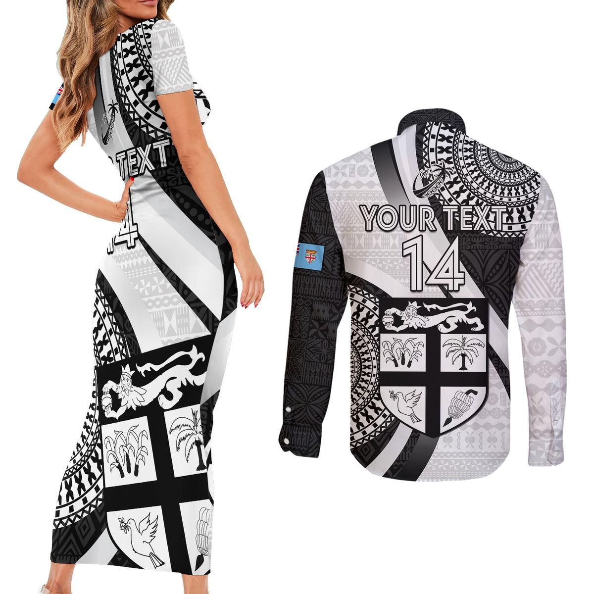 Custom Fiji Rugby Couples Matching Short Sleeve Bodycon Dress and Long Sleeve Button Shirts World Cup 2023 Go Champions Fijian Tapa Black Version LT14 - Polynesian Pride