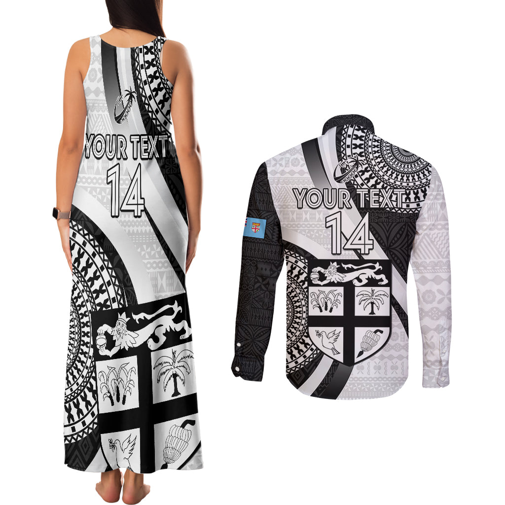 Custom Fiji Rugby Couples Matching Tank Maxi Dress and Long Sleeve Button Shirts World Cup 2023 Go Champions Fijian Tapa Black Version LT14 - Polynesian Pride