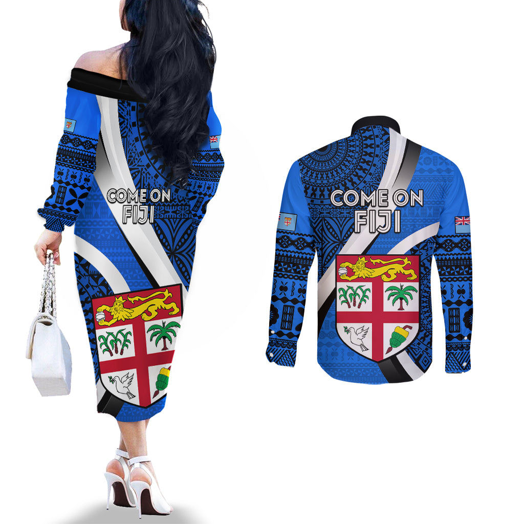 Fiji Rugby Couples Matching Off The Shoulder Long Sleeve Dress and Long Sleeve Button Shirts World Cup 2023 Go Champions Fijian Tapa Blue Version LT14 - Polynesian Pride