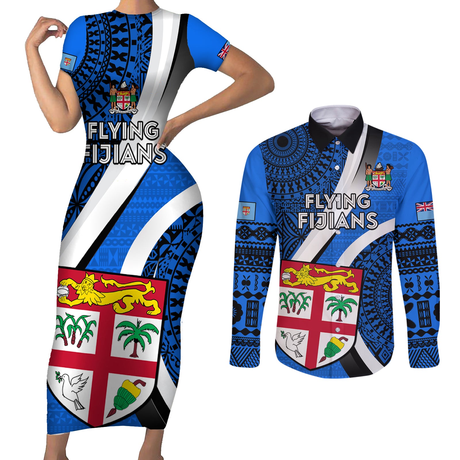 Fiji Rugby Couples Matching Short Sleeve Bodycon Dress and Long Sleeve Button Shirts World Cup 2023 Go Champions Fijian Tapa Blue Version LT14 Blue - Polynesian Pride