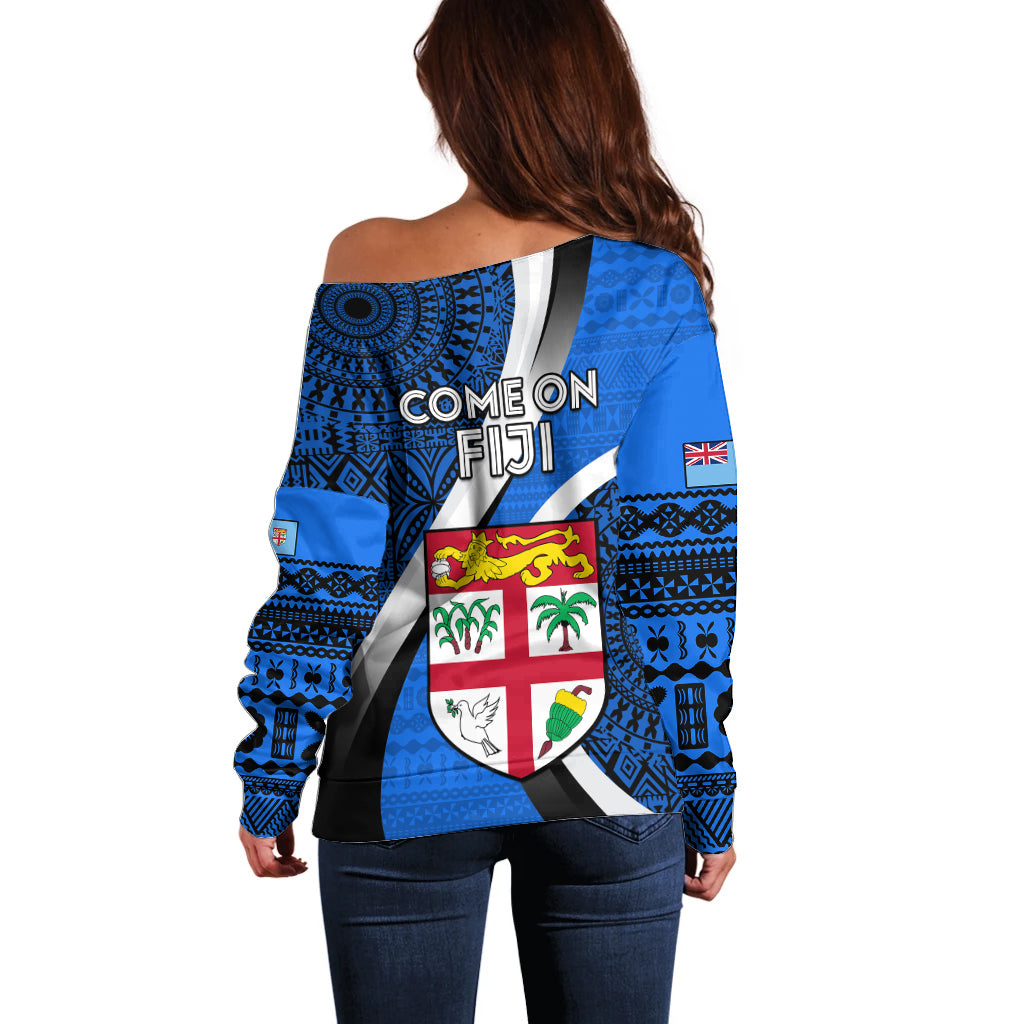 Fiji Rugby Off Shoulder Sweater World Cup 2023 Go Champions Fijian Tapa Blue Version LT14 - Polynesian Pride
