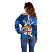 Fiji Rugby Off Shoulder Sweater World Cup 2023 Go Champions Fijian Tapa Blue Version LT14 - Polynesian Pride