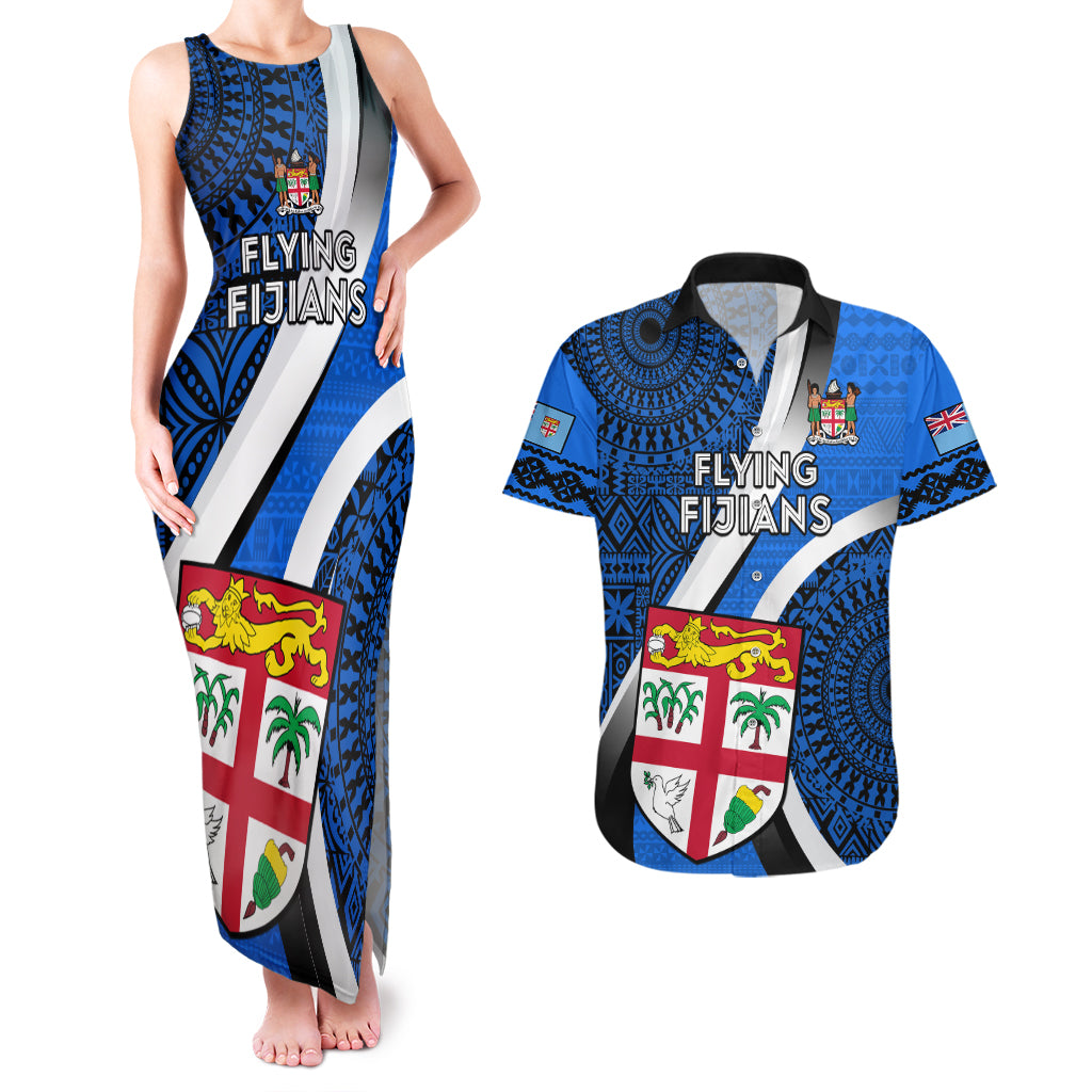 Custom Fiji Rugby Couples Matching Tank Maxi Dress and Hawaiian Shirt World Cup 2023 Go Champions Fijian Tapa Blue Version LT14 Blue - Polynesian Pride