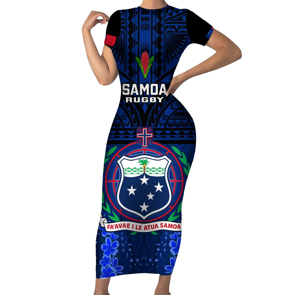 Custom Samoa Rugby Short Sleeve Bodycon Dress World Cup 2023 Go Champions Manu Samoa LT14 Long Dress Blue - Polynesian Pride
