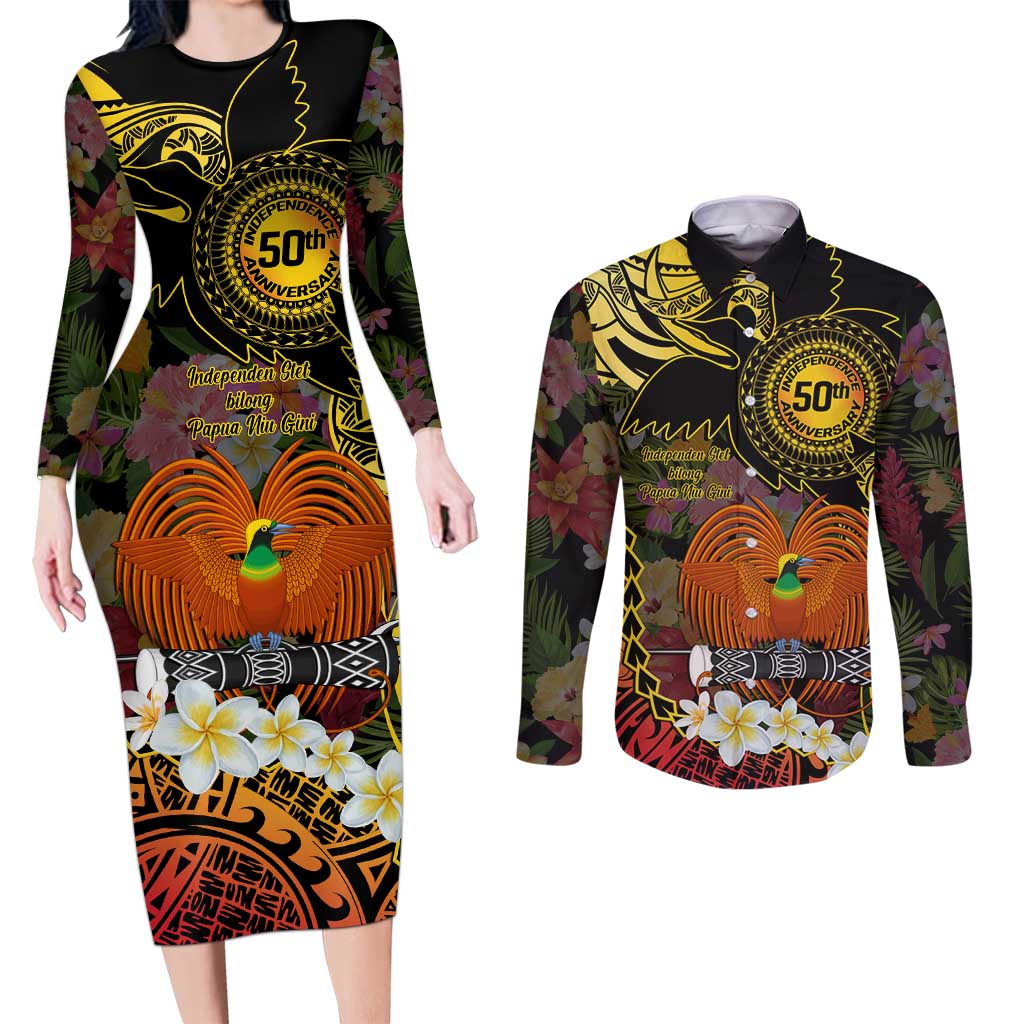 Papua New Guinea 50th Independence Anniversary Couples Matching Long Sleeve Bodycon Dress and Long Sleeve Button Shirt Independen Stet bilong Papua Niu Gini LT14