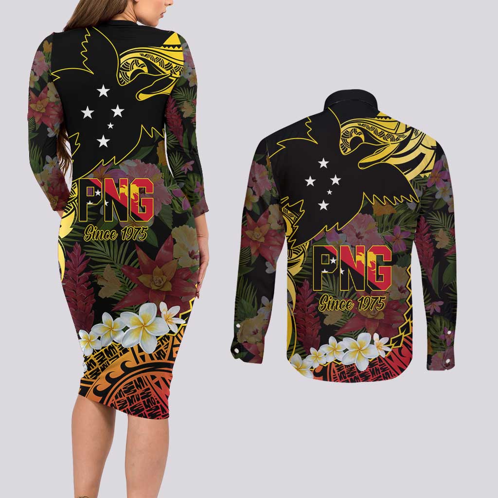 Papua New Guinea 50th Independence Anniversary Couples Matching Long Sleeve Bodycon Dress and Long Sleeve Button Shirt Independen Stet bilong Papua Niu Gini LT14