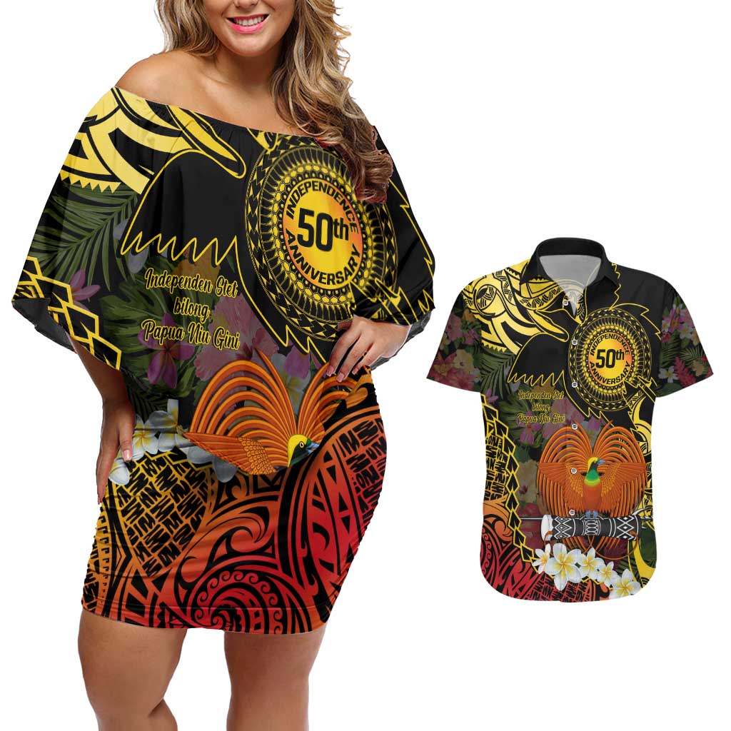 Papua New Guinea 50th Independence Anniversary Couples Matching Off Shoulder Short Dress and Hawaiian Shirt Independen Stet bilong Papua Niu Gini LT14