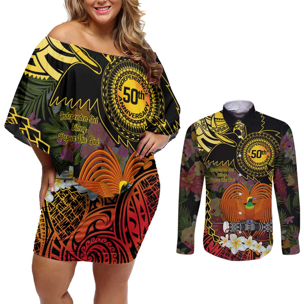Papua New Guinea 50th Independence Anniversary Couples Matching Off Shoulder Short Dress and Long Sleeve Button Shirt Independen Stet bilong Papua Niu Gini LT14