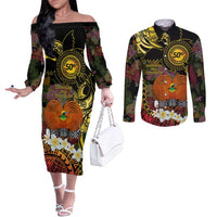 Papua New Guinea 50th Independence Anniversary Couples Matching Off The Shoulder Long Sleeve Dress and Long Sleeve Button Shirt Independen Stet bilong Papua Niu Gini LT14