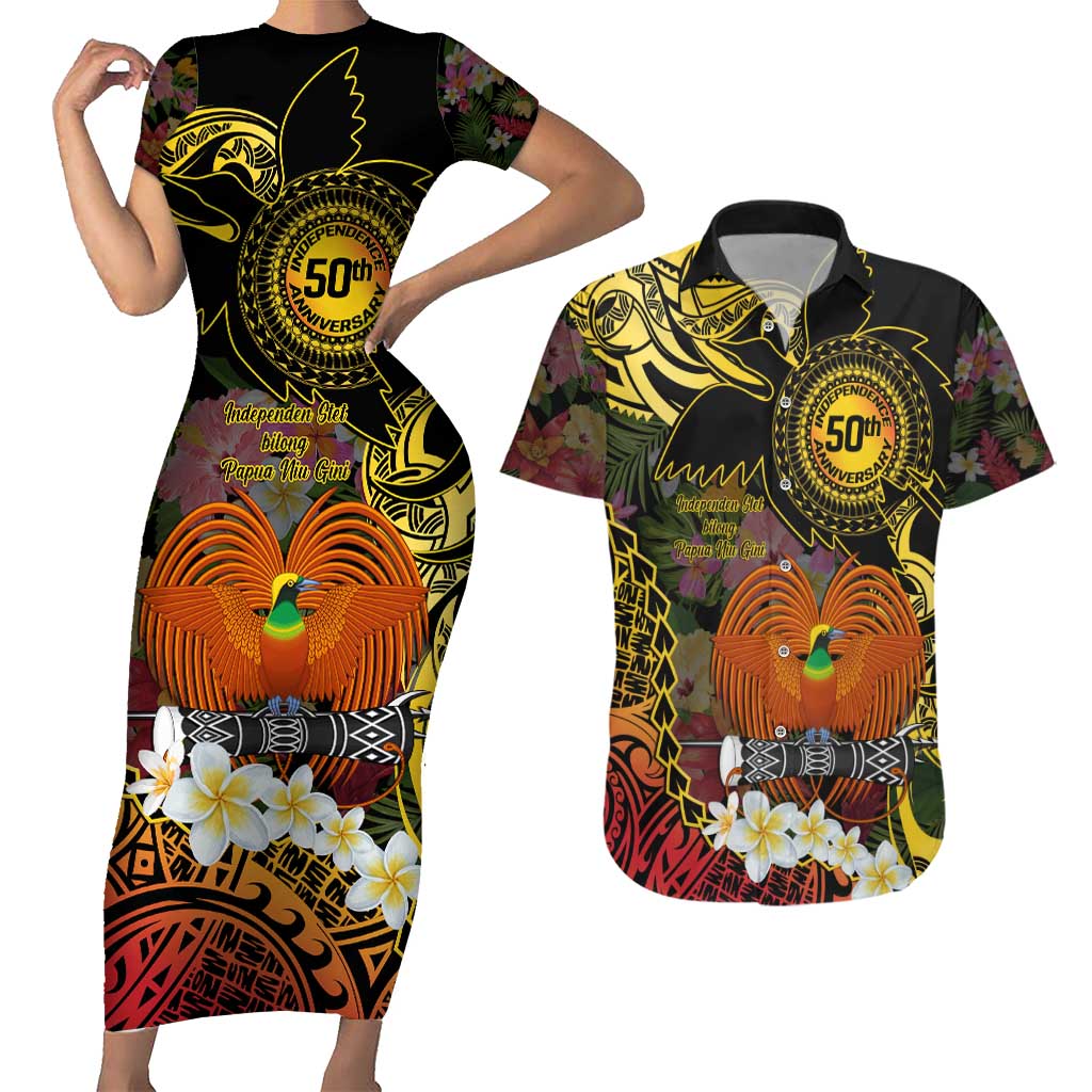 Papua New Guinea 50th Independence Anniversary Couples Matching Short Sleeve Bodycon Dress and Hawaiian Shirt Independen Stet bilong Papua Niu Gini LT14