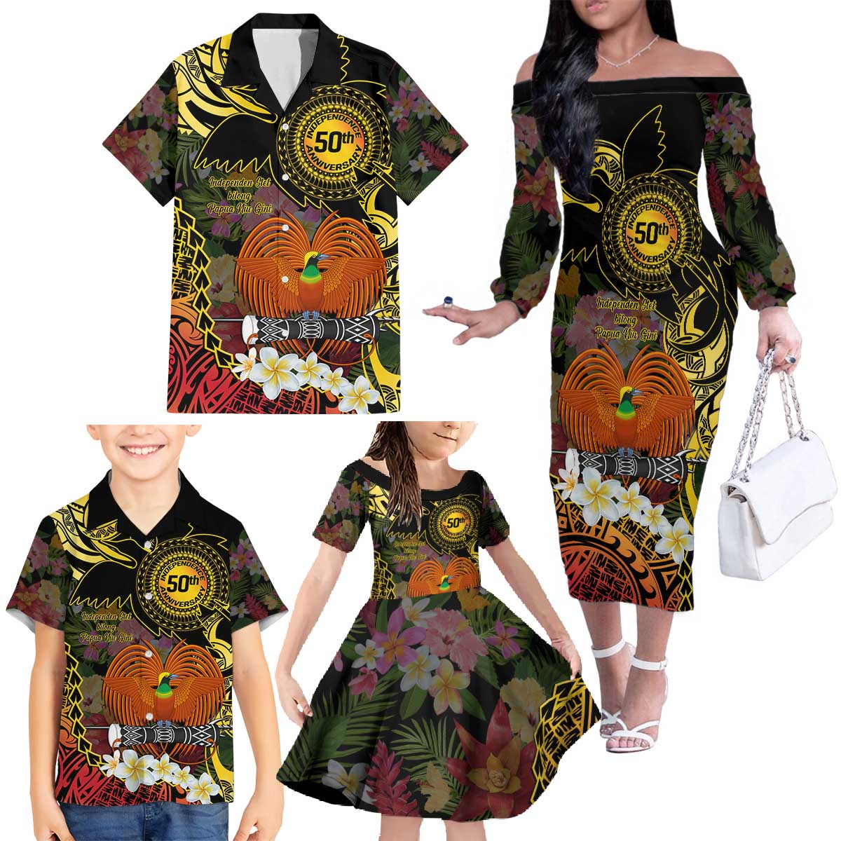 Papua New Guinea 50th Independence Anniversary Family Matching Off The Shoulder Long Sleeve Dress and Hawaiian Shirt Independen Stet bilong Papua Niu Gini LT14