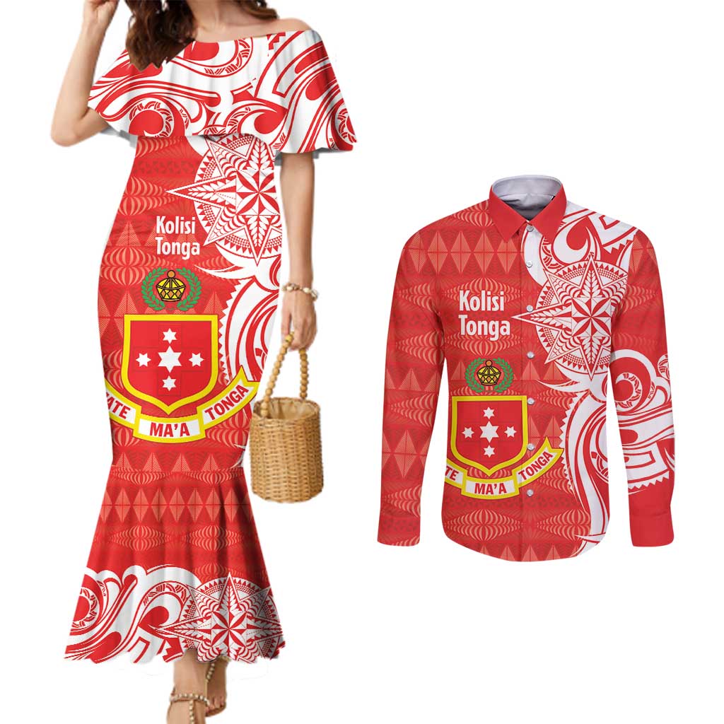 Personalised Kolisi Tonga Couples Matching Mermaid Dress and Long Sleeve Button Shirt Mate Maa Tonga Ngatu Pattern - Polynesian Pride