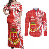 Personalised Kolisi Tonga Couples Matching Off Shoulder Maxi Dress and Long Sleeve Button Shirt Mate Maa Tonga Ngatu Pattern - Polynesian Pride