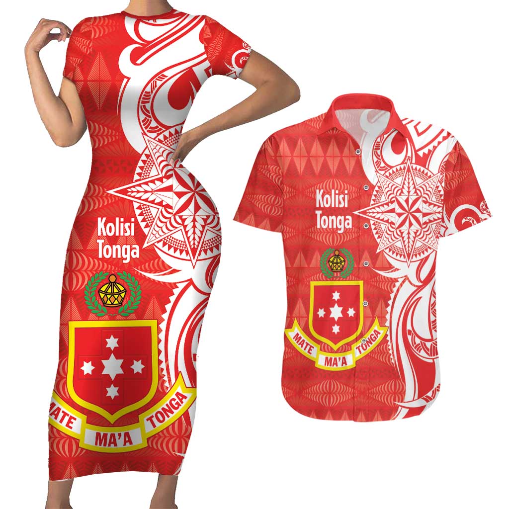 Personalised Kolisi Tonga Couples Matching Short Sleeve Bodycon Dress and Hawaiian Shirt Mate Maa Tonga Ngatu Pattern - Polynesian Pride
