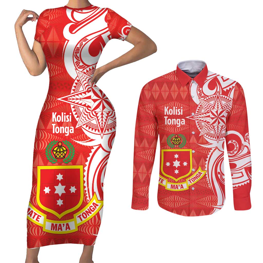 Personalised Kolisi Tonga Couples Matching Short Sleeve Bodycon Dress and Long Sleeve Button Shirt Mate Maa Tonga Ngatu Pattern - Polynesian Pride