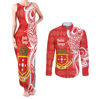 Personalised Kolisi Tonga Couples Matching Tank Maxi Dress and Long Sleeve Button Shirt Mate Maa Tonga Ngatu Pattern - Polynesian Pride