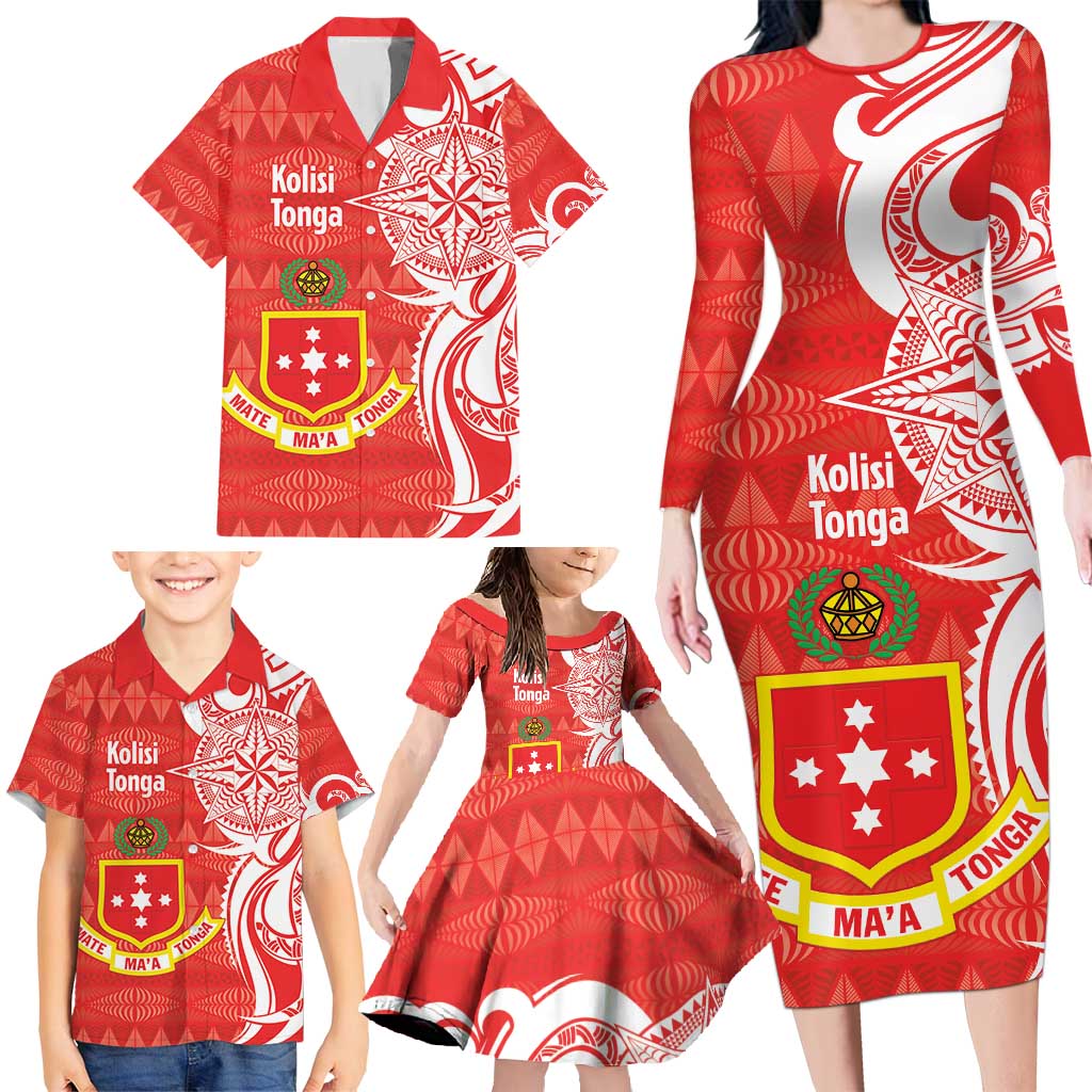 Personalised Kolisi Tonga Family Matching Long Sleeve Bodycon Dress and Hawaiian Shirt Mate Maa Tonga Ngatu Pattern - Polynesian Pride