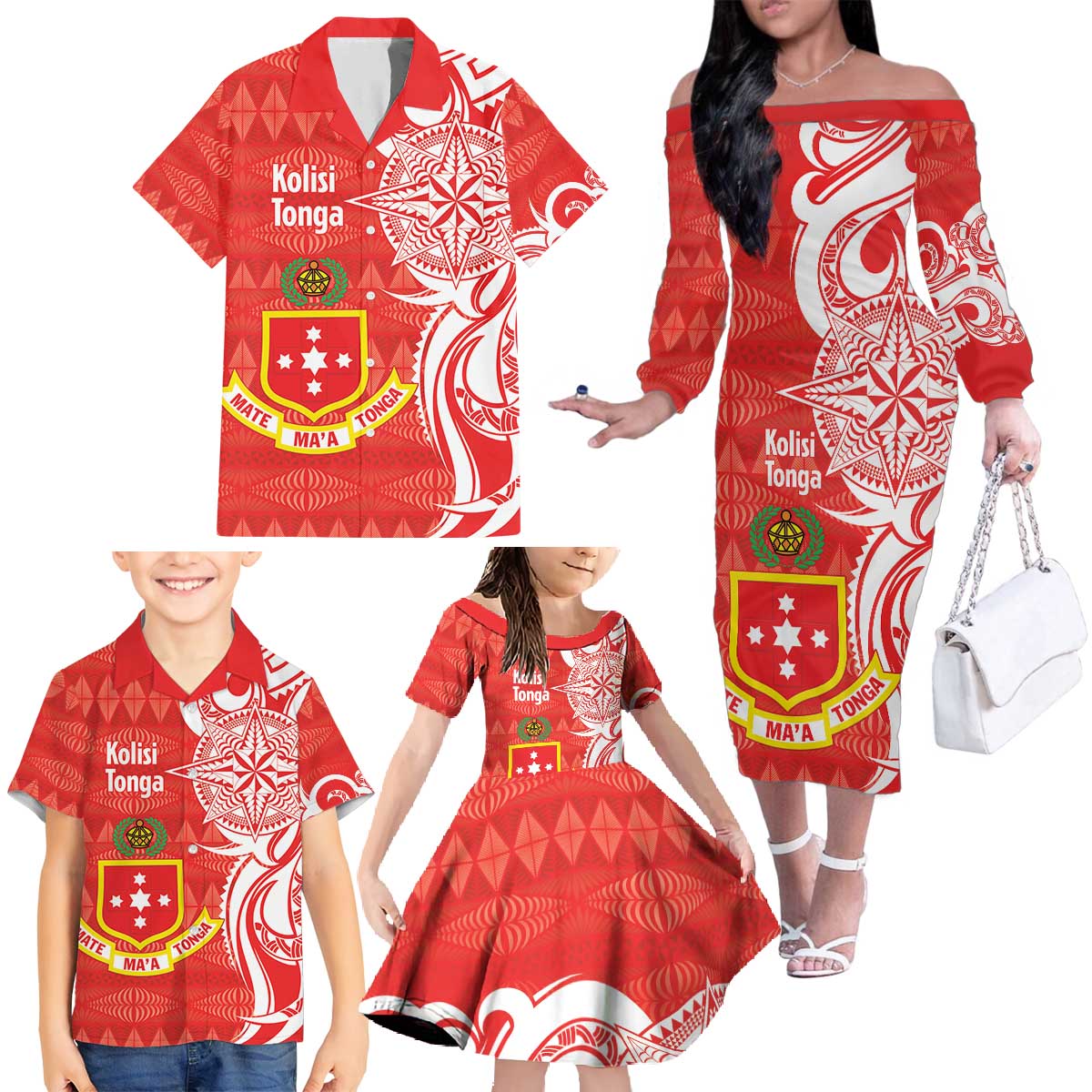 Personalised Kolisi Tonga Family Matching Off The Shoulder Long Sleeve Dress and Hawaiian Shirt Mate Maa Tonga Ngatu Pattern - Polynesian Pride