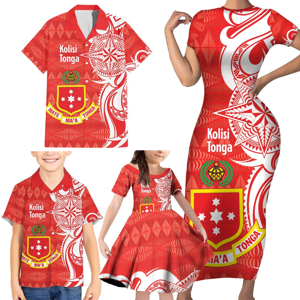 Personalised Kolisi Tonga Family Matching Short Sleeve Bodycon Dress and Hawaiian Shirt Mate Maa Tonga Ngatu Pattern - Polynesian Pride