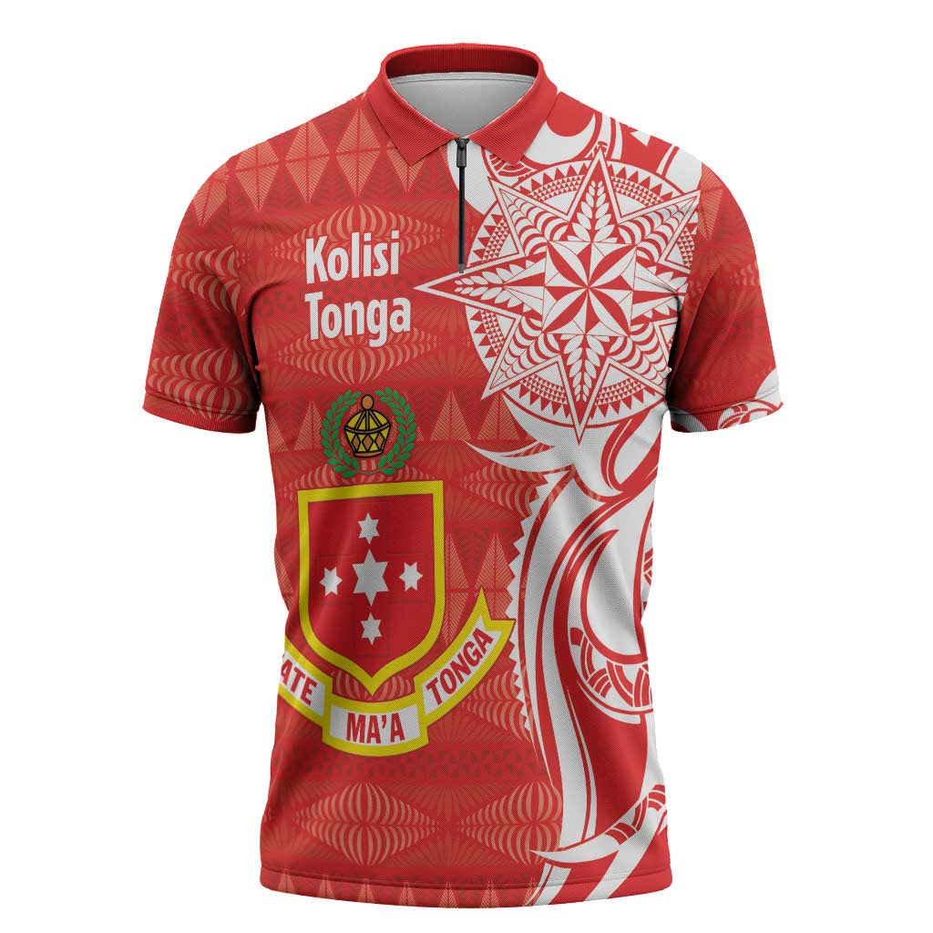 Personalised Kolisi Tonga Zipper Polo Shirt Mate Maa Tonga Ngatu Pattern - Polynesian Pride