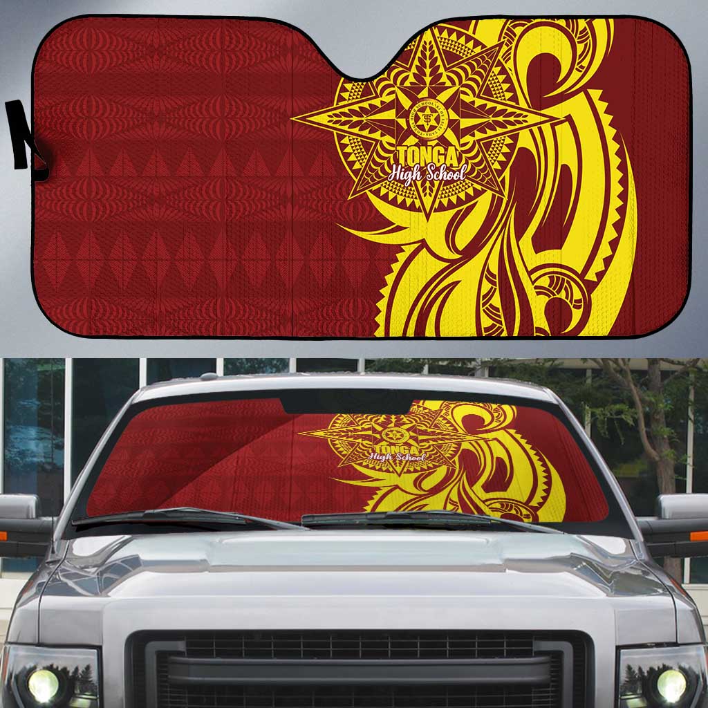Personalised Tonga High School Auto Sun Shade THS Tongan Ngatu Pattern LT14 Maroon - Polynesian Pride