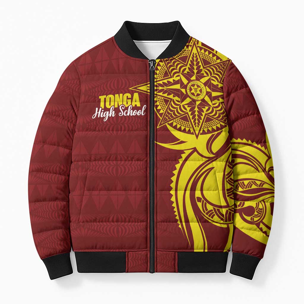 Personalised Tonga High School Bomber Puffer Jacket THS Tongan Ngatu Pattern - Polynesian Pride