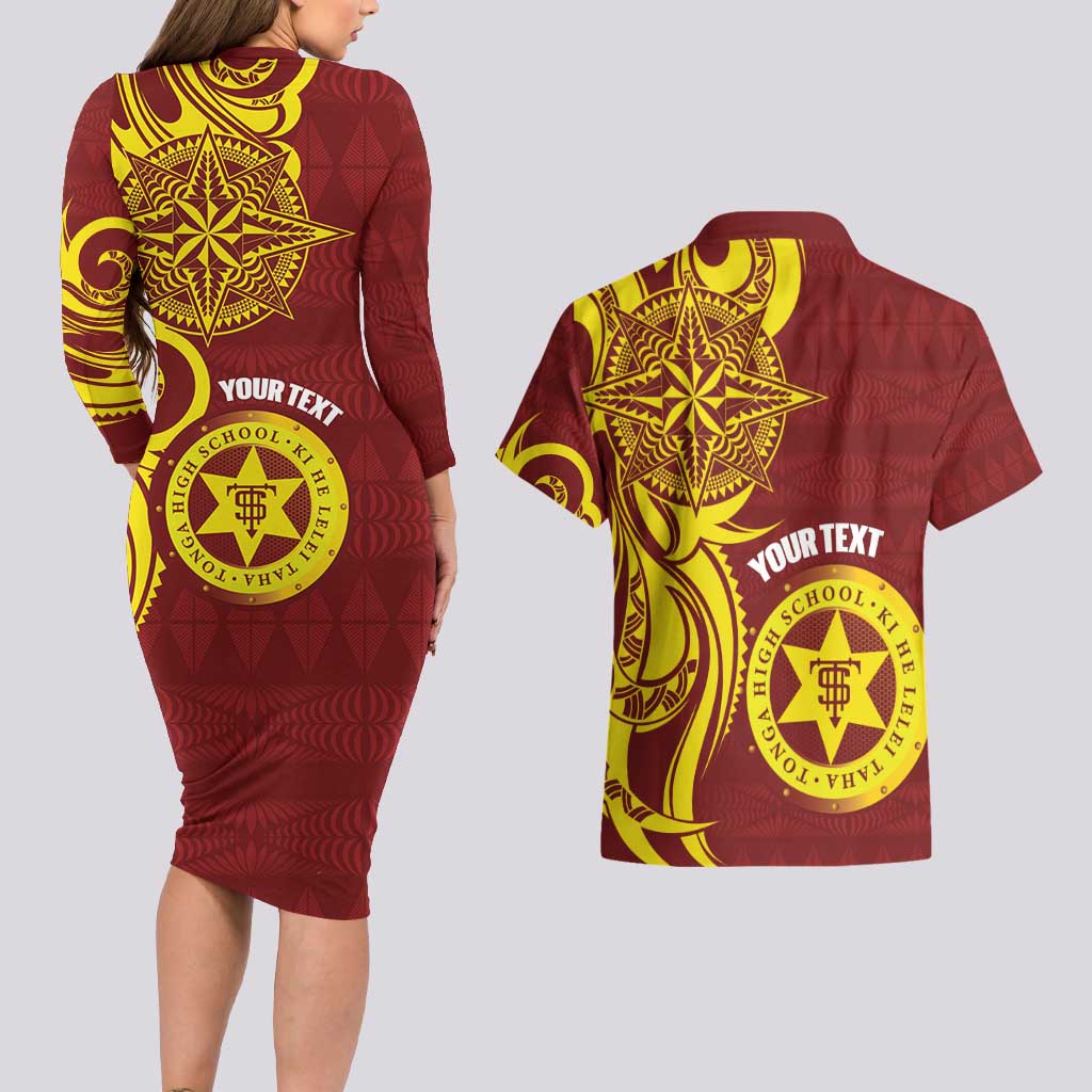 Personalised Tonga High School Couples Matching Long Sleeve Bodycon Dress and Hawaiian Shirt THS Tongan Ngatu Pattern - Polynesian Pride