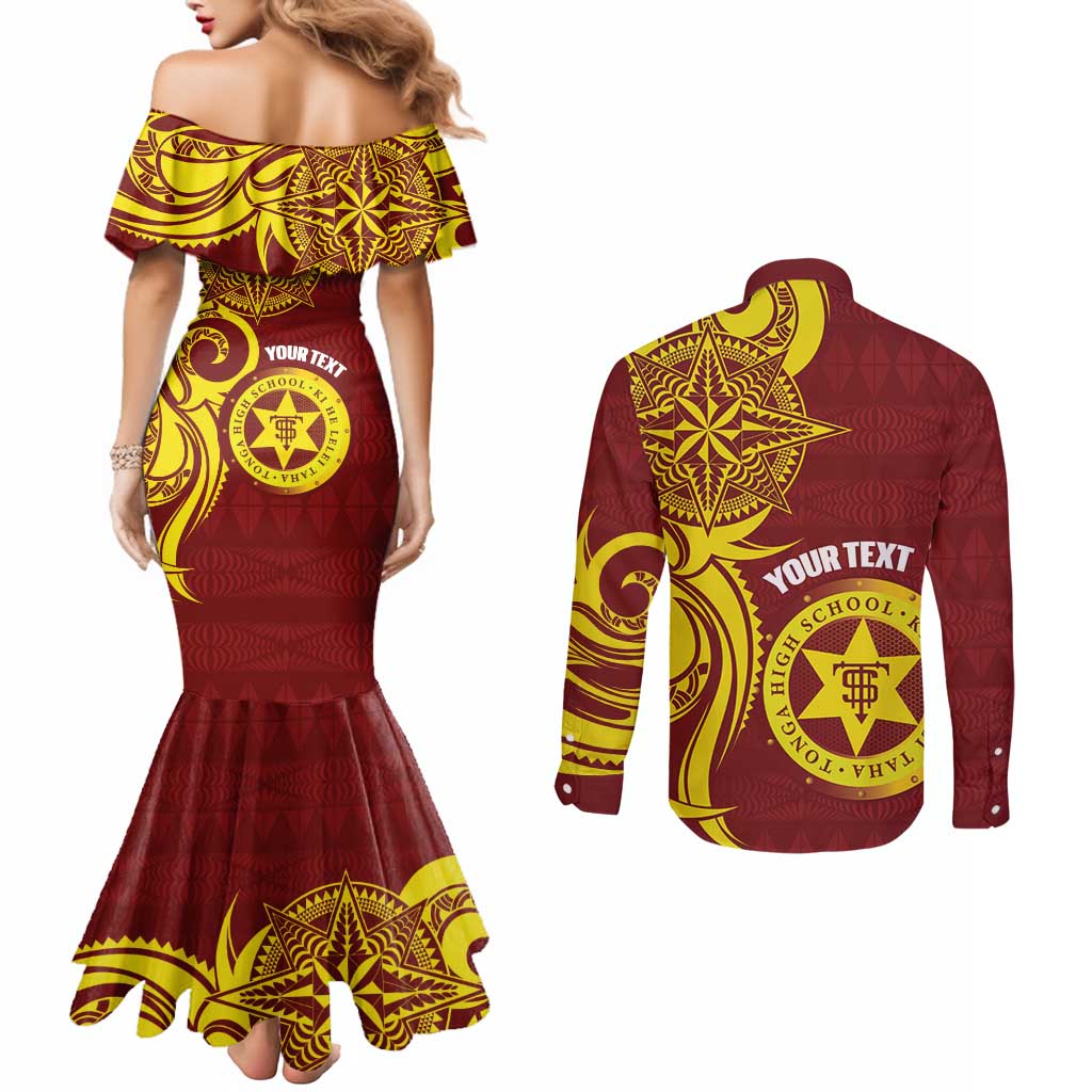 Personalised Tonga High School Couples Matching Mermaid Dress and Long Sleeve Button Shirt THS Tongan Ngatu Pattern - Polynesian Pride