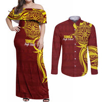 Personalised Tonga High School Couples Matching Off Shoulder Maxi Dress and Long Sleeve Button Shirt THS Tongan Ngatu Pattern - Polynesian Pride