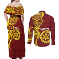 Personalised Tonga High School Couples Matching Off Shoulder Maxi Dress and Long Sleeve Button Shirt THS Tongan Ngatu Pattern - Polynesian Pride