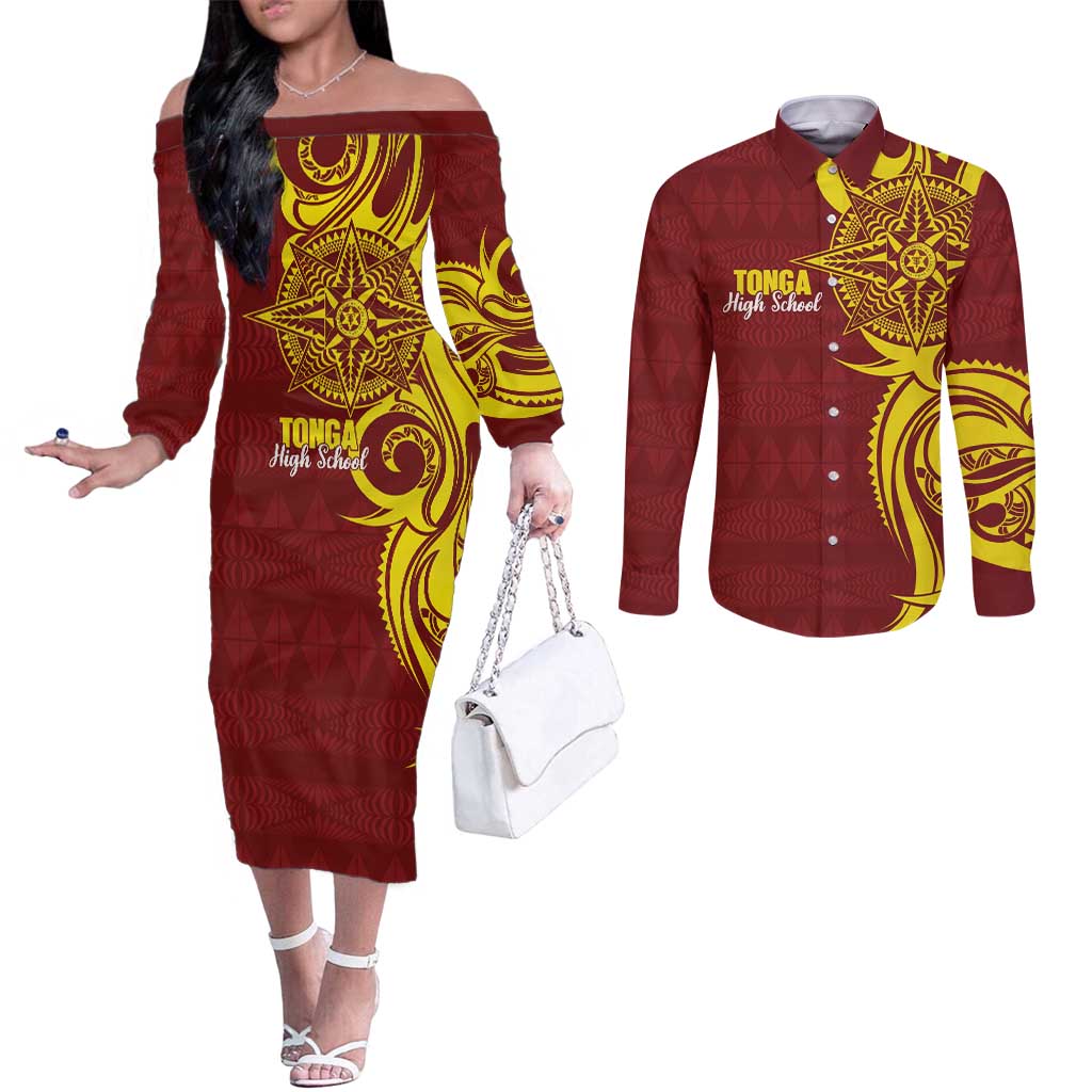 Personalised Tonga High School Couples Matching Off The Shoulder Long Sleeve Dress and Long Sleeve Button Shirt THS Tongan Ngatu Pattern - Polynesian Pride