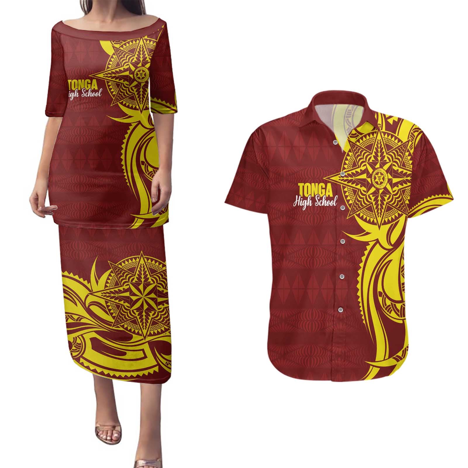 Personalised Tonga High School Couples Matching Puletasi and Hawaiian Shirt THS Tongan Ngatu Pattern - Polynesian Pride