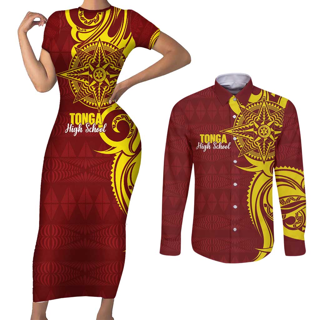 Personalised Tonga High School Couples Matching Short Sleeve Bodycon Dress and Long Sleeve Button Shirt THS Tongan Ngatu Pattern - Polynesian Pride