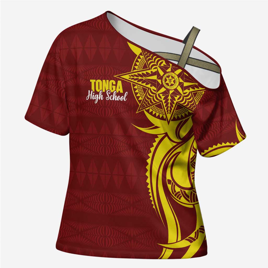 Personalised Tonga High School Cross Shoulder Shirt THS Tongan Ngatu Pattern - Polynesian Pride