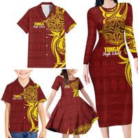 Personalised Tonga High School Family Matching Long Sleeve Bodycon Dress and Hawaiian Shirt THS Tongan Ngatu Pattern - Polynesian Pride