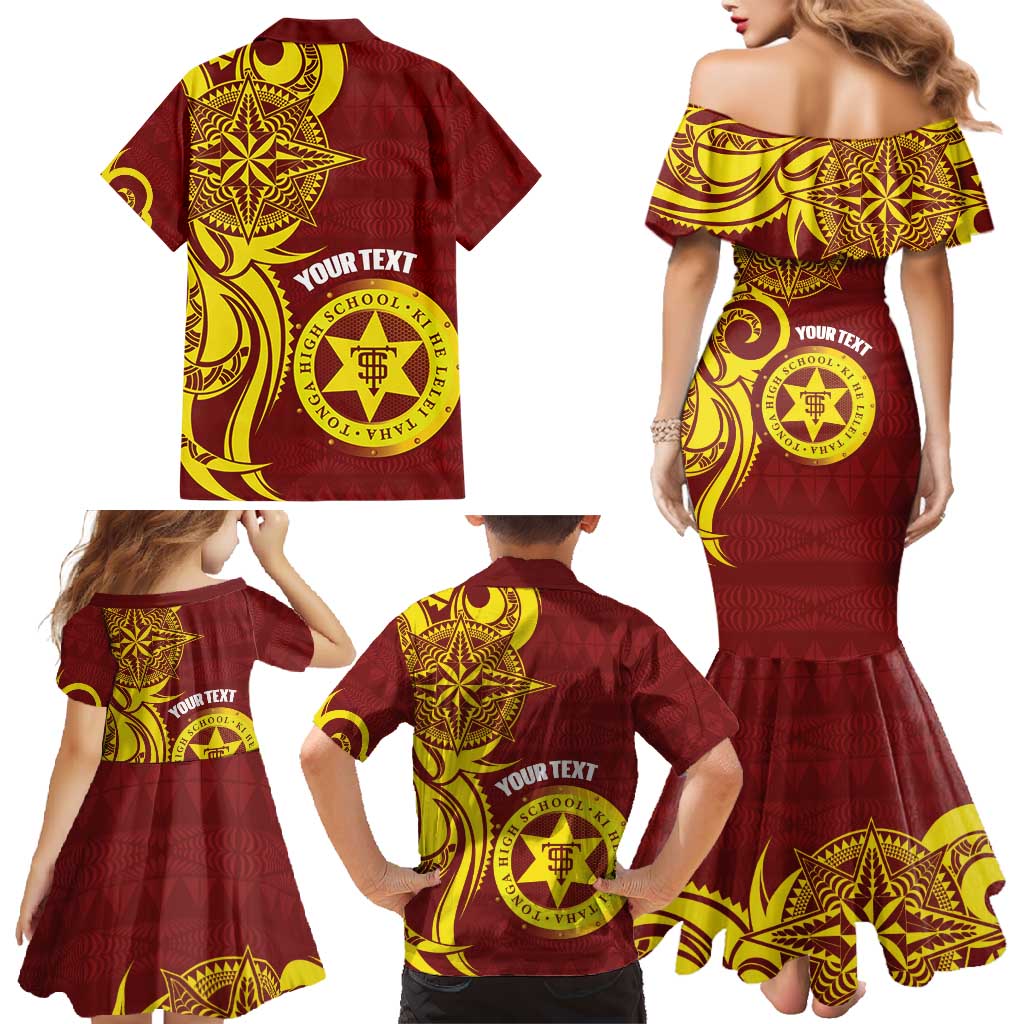 Personalised Tonga High School Family Matching Mermaid Dress and Hawaiian Shirt THS Tongan Ngatu Pattern - Polynesian Pride