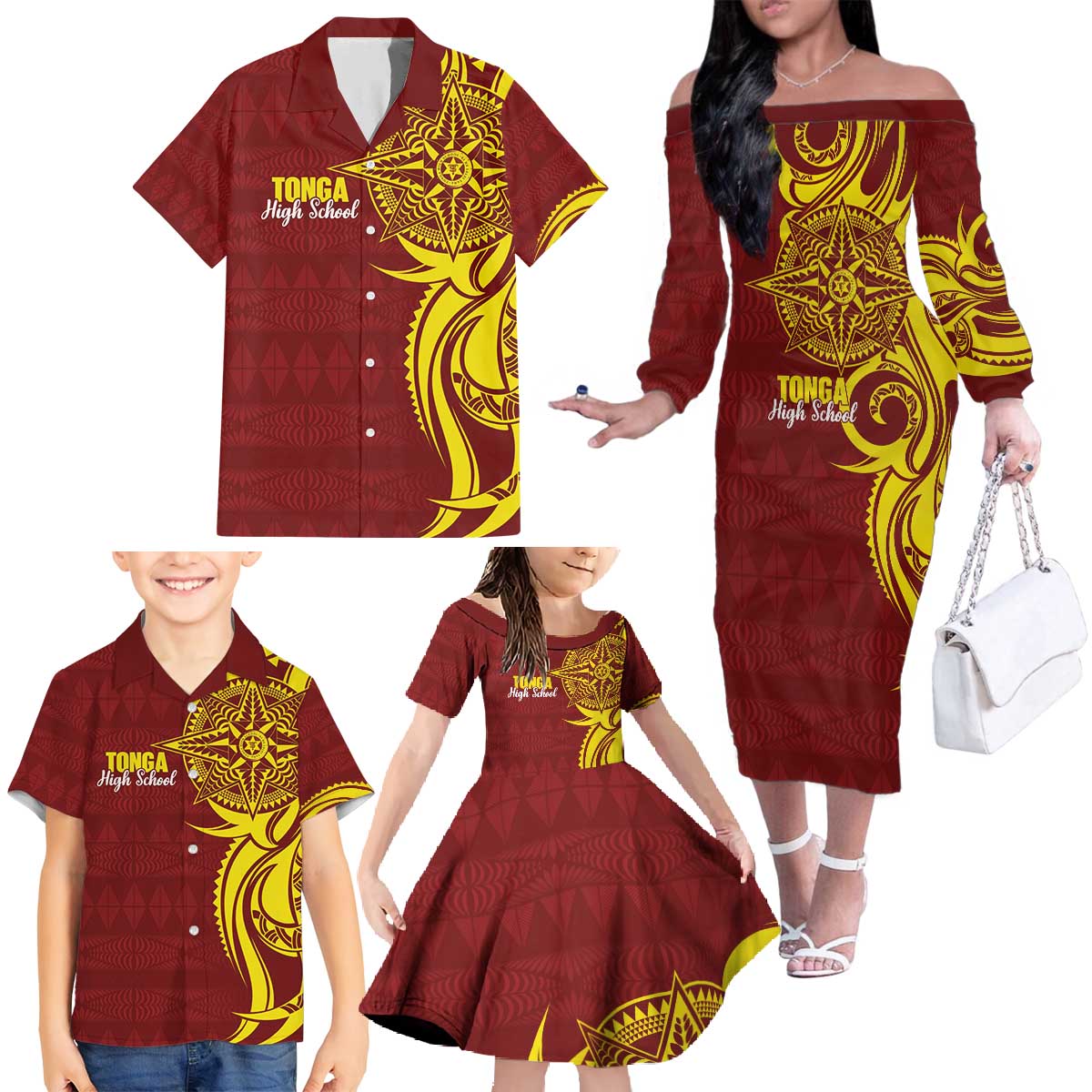 Personalised Tonga High School Family Matching Off The Shoulder Long Sleeve Dress and Hawaiian Shirt THS Tongan Ngatu Pattern - Polynesian Pride