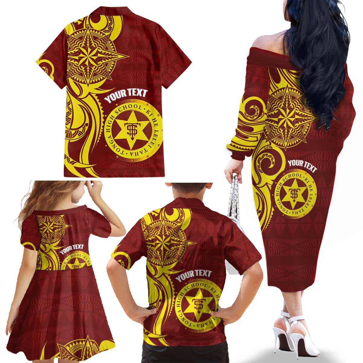 Personalised Tonga High School Family Matching Off The Shoulder Long Sleeve Dress and Hawaiian Shirt THS Tongan Ngatu Pattern - Polynesian Pride