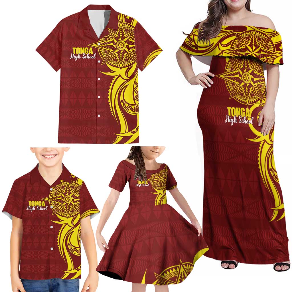 Personalised Tonga High School Family Matching Off Shoulder Maxi Dress and Hawaiian Shirt THS Tongan Ngatu Pattern - Polynesian Pride