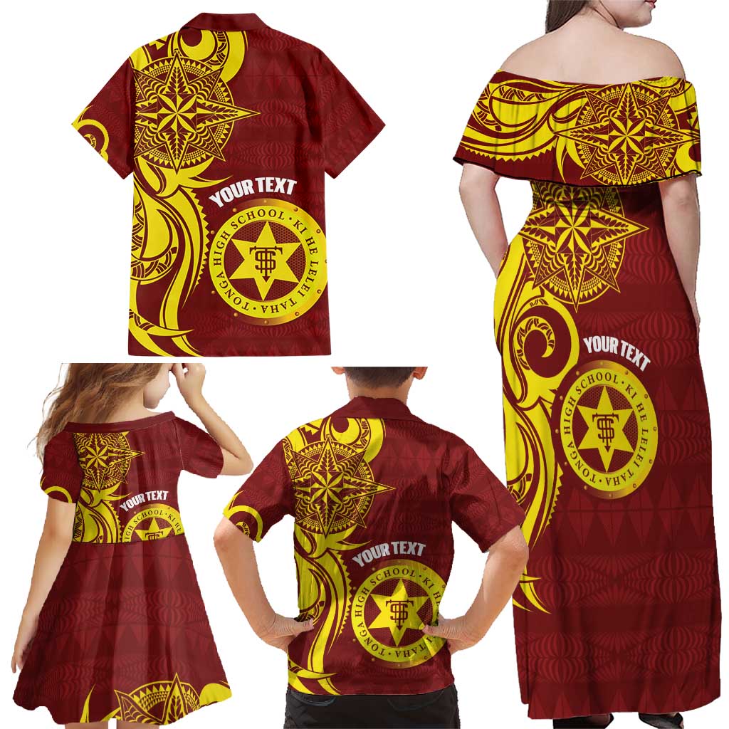Personalised Tonga High School Family Matching Off Shoulder Maxi Dress and Hawaiian Shirt THS Tongan Ngatu Pattern - Polynesian Pride