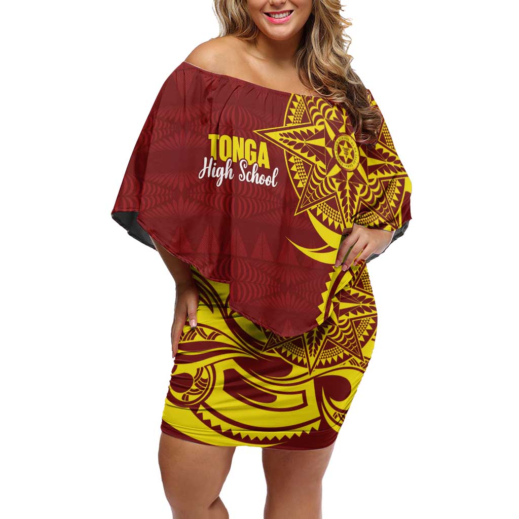 Personalised Tonga High School Family Matching Off Shoulder Short Dress and Hawaiian Shirt THS Tongan Ngatu Pattern - Polynesian Pride