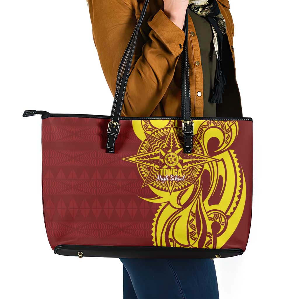 Personalised Tonga High School Leather Tote Bag THS Tongan Ngatu Pattern - Polynesian Pride