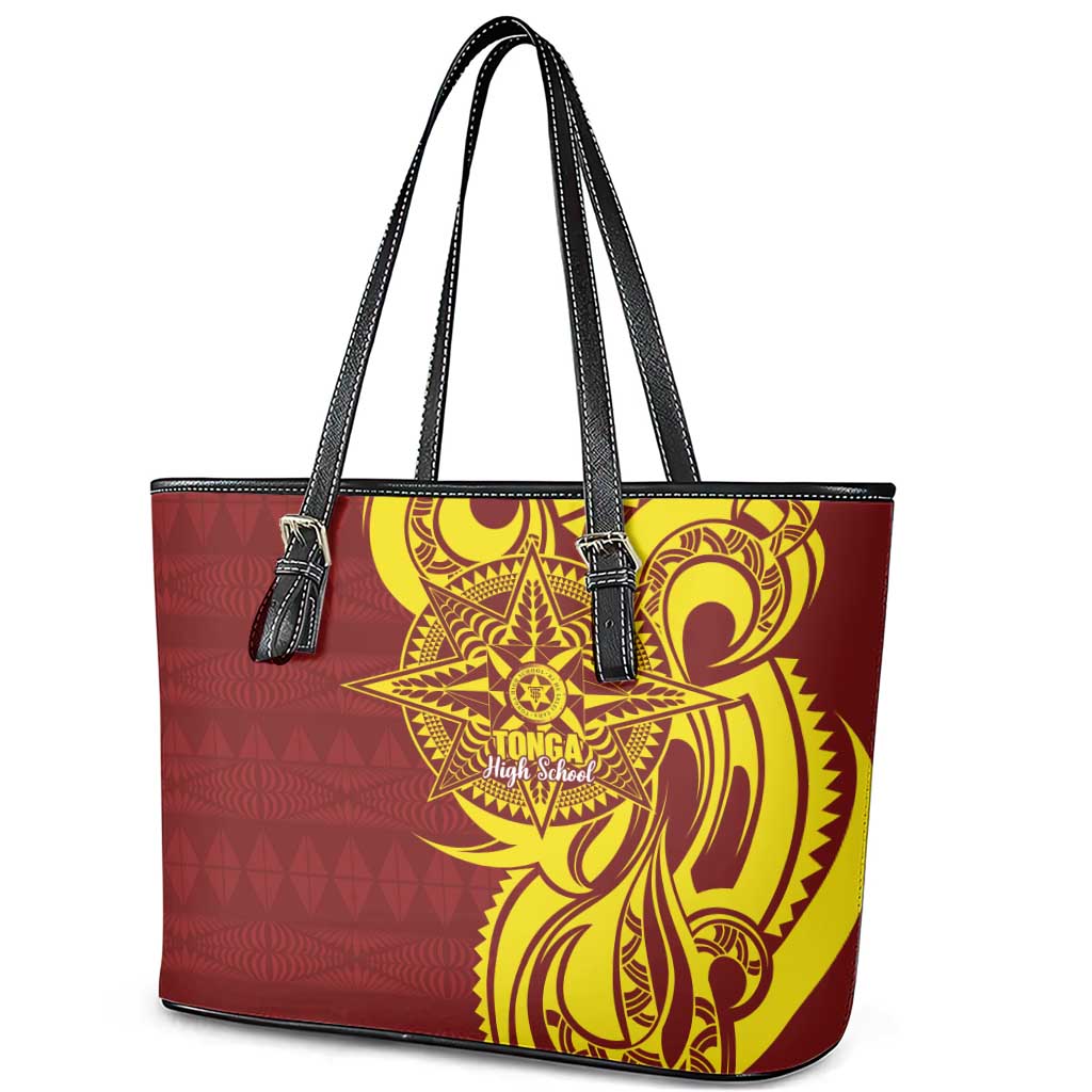 Personalised Tonga High School Leather Tote Bag THS Tongan Ngatu Pattern - Polynesian Pride
