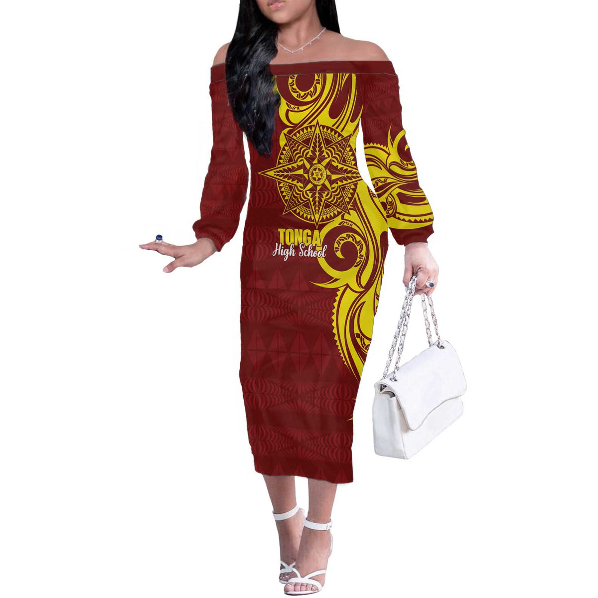 Personalised Tonga High School Off The Shoulder Long Sleeve Dress THS Tongan Ngatu Pattern - Polynesian Pride