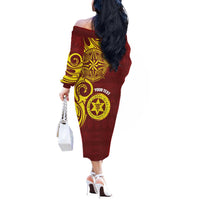Personalised Tonga High School Off The Shoulder Long Sleeve Dress THS Tongan Ngatu Pattern - Polynesian Pride