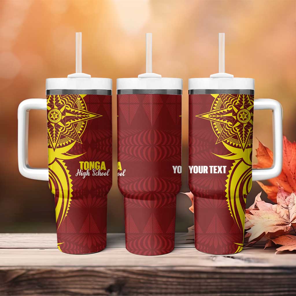 Personalised Tonga High School Tumbler With Handle THS Tongan Ngatu Pattern - Polynesian Pride